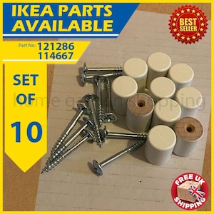 May include: A set of 10 IKEA furniture parts, including screws and cylindrical wooden dowels. The dowels are off-white with a natural wood core. The image includes text that says "IKEA PARTS AVAILABLE" and "SET OF 10".