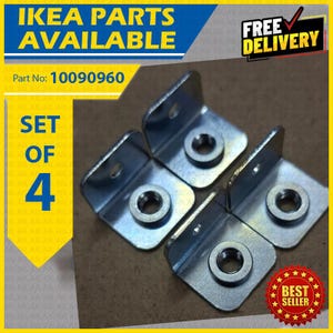 Puede incluir: Un conjunto de cuatro soportes metálicos en forma de L de color plateado, cada uno con un orificio circular y una tuerca roscada. La imagen incluye el texto IKEA PARTS AVAILABLE, Part No: 10090960, SET OF 4, FREE DELIVERY y BEST SELLER.