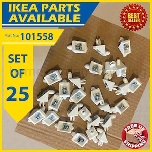 May include: A set of 25 IKEA shelf supports. The white plastic supports have metal screws. The image includes text that reads "IKEA PARTS AVAILABLE", "Part No: 101558", and "SET OF 25". A "Best Seller" badge and a "Free UK Shipping" badge are also visible.