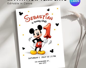 Mickey Mouse 1st Birthday Invitation: Editable Canva Template, Digital Download