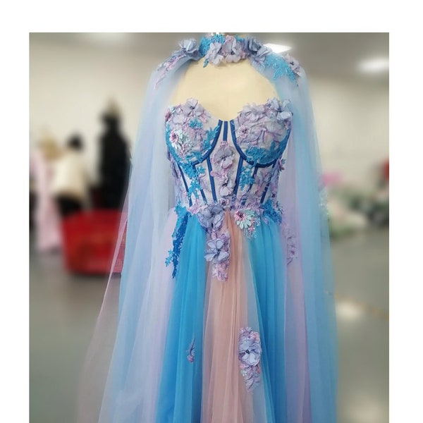 Fantasy wedding  Dress I. Dreamy blue and peach tulle ideal Prom Dress