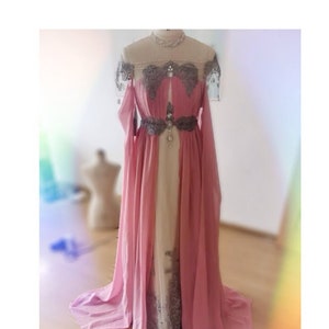 Pink Elven dress with silver applique, Fantasy wedding costume, Witchy Druid dress, Elvin Clothing, Alternative wedding gown, Galadriel