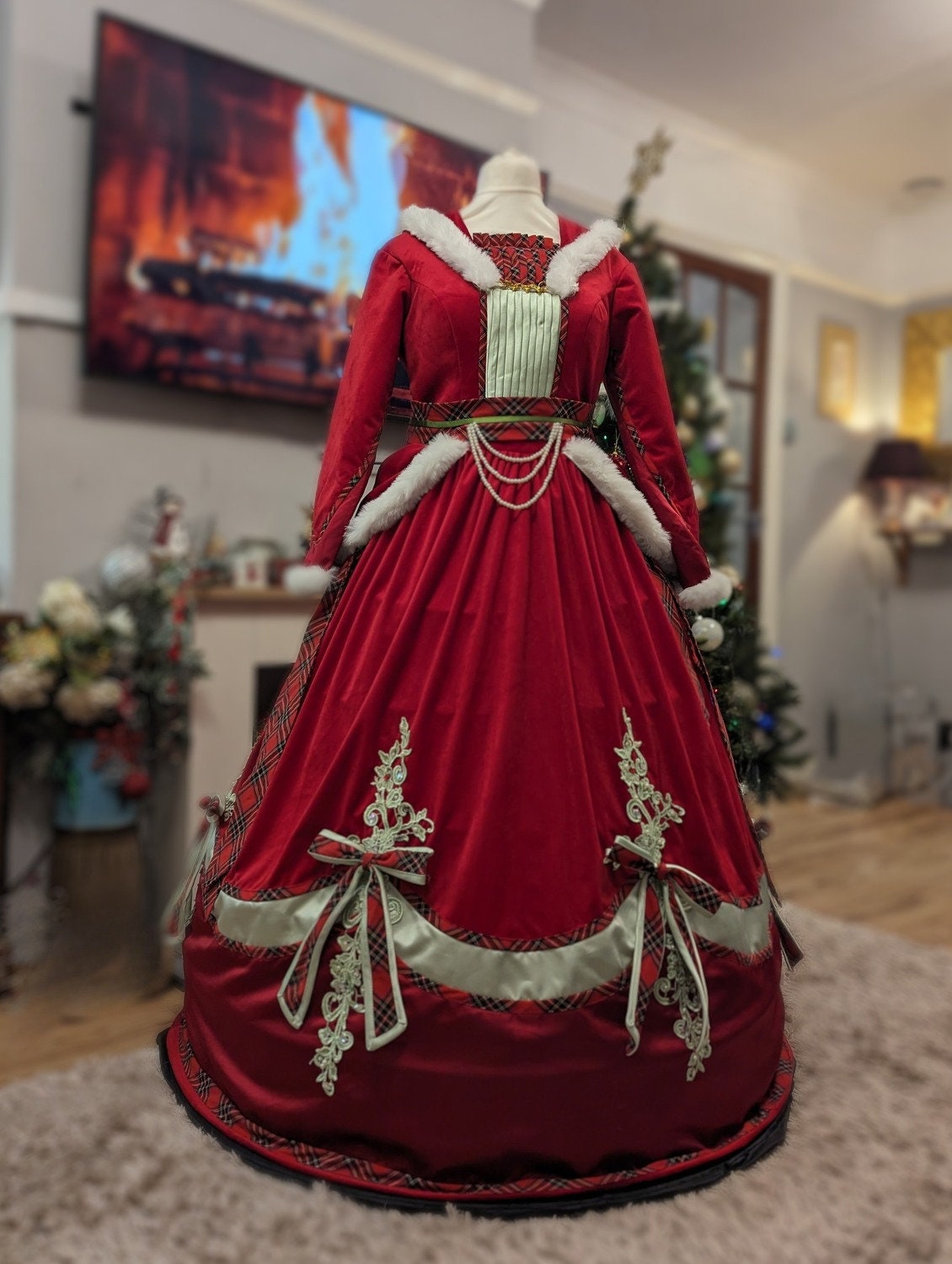 Authentic Santa corset dress with fluffy skirt, red Christmas velvet dress.  Prom, Valentine, mini wedding dress
