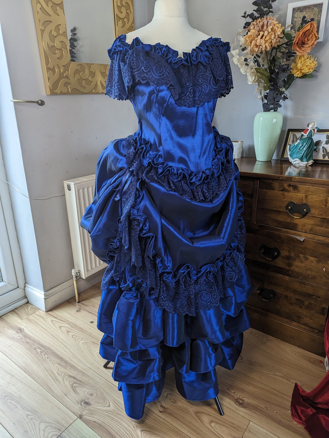 Navy Blue Victorian Gothic Dress, Victorian Bustle Dress, Victorian