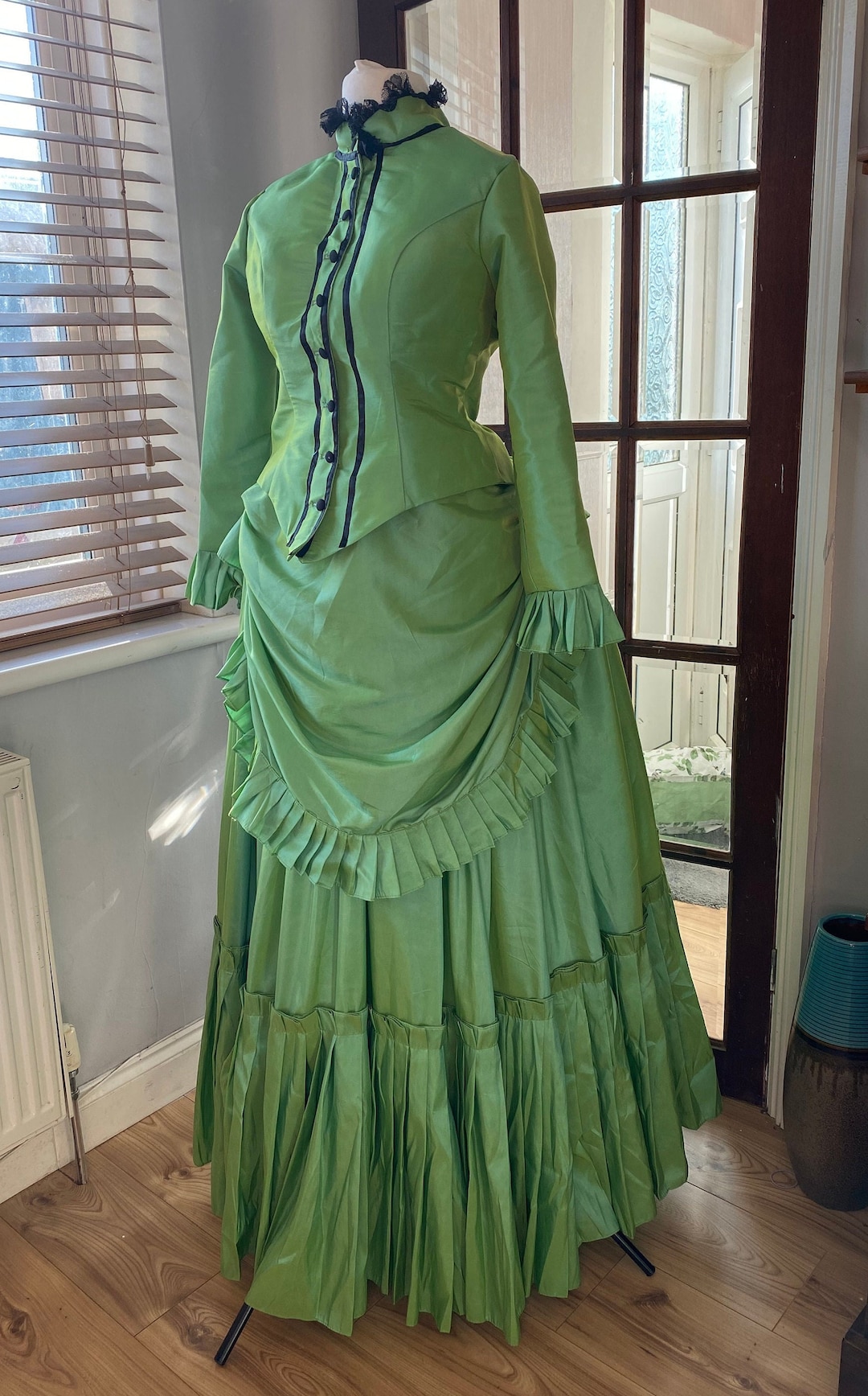 Lime Green Victorian Dress, Bustle Dress, Gilded Cage Dress, Victoriana