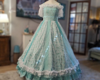 Southern Belle Dress in mint green and lace, Second Empire, Civil War dress, 1860s costume, Gone with the Wind Gown, Victorian era fashion