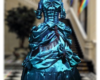 Victorian dress,Blue satin Victorian dress, bustle dress, Gilded Cage Dress, Victoriana,Civil War Dress, Dickens Dress