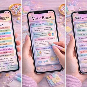 May include: Three smartphones displaying colorful digital planners. The first shows an ADHD planner index with sections like "Yearly + Monthly Plan." The second displays a vision board. The third shows a self-care challenge with tasks like "Take a deep breath."