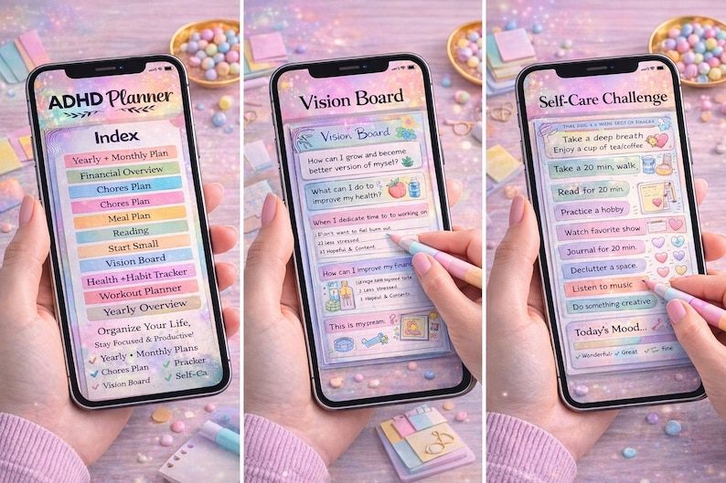 May include: Three smartphones displaying colorful digital planners. The first shows an ADHD planner index with sections like "Yearly + Monthly Plan." The second displays a vision board. The third shows a self-care challenge with tasks like "Take a deep breath."