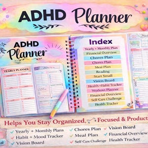 May include: An open ADHD Planner with a spiral binding, featuring a yearly planner and index. The planner includes sections for yearly and monthly plans, chores, meal planning, and more. The cover and pages have a pastel color scheme with the text "ADHD Planner".