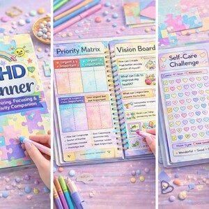 May include: ADHD Planner with a colorful puzzle design cover. The planner includes sections for a priority matrix, vision board, self-care challenge, and health tracker. The pages are filled with pastel colors and illustrations, and the text "ADHD Planner" is prominently displayed.