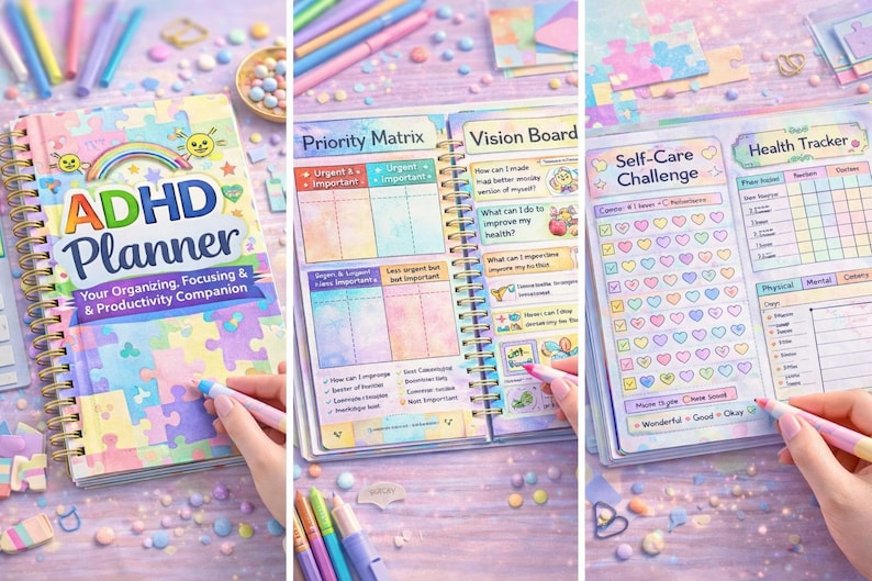 May include: ADHD Planner with a colorful puzzle design cover. The planner includes sections for a priority matrix, vision board, self-care challenge, and health tracker. The pages are filled with pastel colors and illustrations, and the text "ADHD Planner" is prominently displayed.