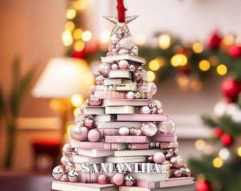 Personalized Christmas Book Tree Name Ornament, Bookworm Gifts, Custom Bookstack Ornament, Book Lover Gift, Librarian Gift, Bookish Gift