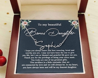 Bonus Daughter Name Necklace, Bonus Daughter Gifts, Stepdaughter Gifts from Bonus Mom/Birthday Gift for Bonus Daughter/Mother Daughter Gift