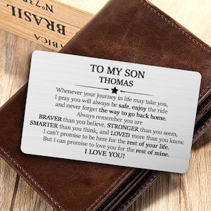 Tarjeta de billetera grabada para regalo de hijo, tarjeta de billetera de metal con un recuerdo sentimental para hijo de mamá, regalo de graduación para hijo, regalo de cumpleaños de padre a hijo