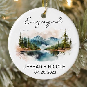 Engaged Ornament Gift, Custom Mountains Engagement Keepsake, Personalized First Christmas Engaged Ceramic, Custom Forest Engagement Keepsake