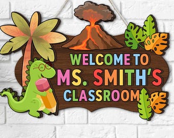 3D Dinosaur Classroom Door Sign, Personalized Welcome Sign for Teacher, Colorful Volcano Theme Teacher Wall Decor for School, Back to School