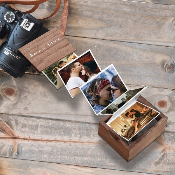 Pull Out Photo Album, Anniversary Collection Gift, Personalised Wooden Photo Frame, Gift for Him, Trinket Wooden Box, First Date Gift