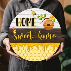 Personalized Welcome Home Door Sign, Front Door Decor, Home Sweet Home with Bees Sign, Bee Lover Door Hanger, Housewarming Gift