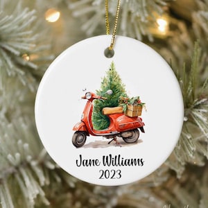 Red Moped Scooter Christmas Ornament Personalized, Riding Scooter Custom Gift, Delivery Moped Scooter with Tree