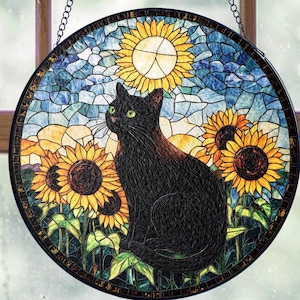 Sunflower Black Cat Glass Suncatcher Gift, Gift for Cat Lovers Wall Hanging Ornament Gift for Mom Memorial Gift, Black Cat Suncatcher