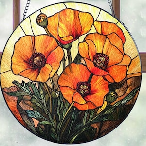 California Poppy Stained Glass SunCatcher, California Poppy Stained Glass SunCatcher, California Poppy Window Hanging, Floral Wall Glass