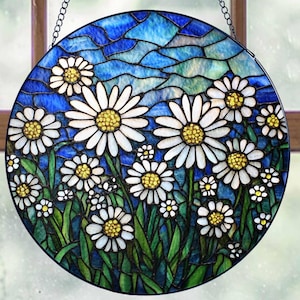 Daisy Flowers Stained Glass Window Hanging, Unique Gift for Nature & Flower Lovers/Daisy Flowers Glass Gift for Her/Bright Floral Suncatcher