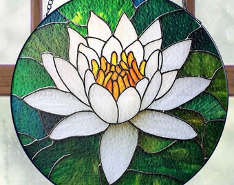 Water Lily Stained Glass Suncatcher, July Birth Month Flower Suncatcher, Water Lily Window Hangings, Peaceful Nature Floral Glass Decor Gift