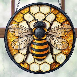 Honeybee Stained Glass Suncatcher, Honeycomb Beehive Window Decor, Round Bee Glass Art, Honeybee Gift for Her, Honeybee SunCatcher Gift