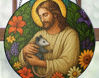 Jesus Hugging Opossum Suncatcher Window Hanging, Religious Animal Stained Glass Decor, Funny Christian Decor, Opossum Stained Glass Gift