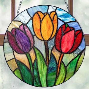 Colorful Tulips Painted Stained Glass Suncatcher, Tulips Lover Gift, Colorful Tulips Flowers Window Hanging Decor, Decor Botanical Art