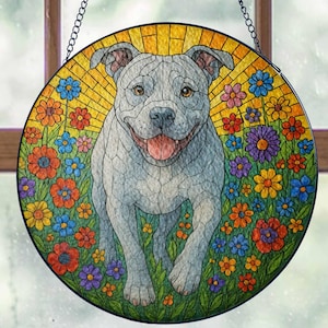 Pitbull Wildflowers Glass Suncatcher, Pitbull Dog Suncatcher Window Decor, Pitbull Lover Gift, Flower Dog Mom Gift Suncatcher Hanging