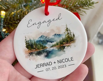 Engaged Ornament Gift, Custom Mountains Engagement Keepsake, Personalized First Christmas Engaged Ceramic, Custom Forest Engagement Keepsake