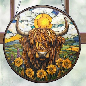 Sunflowers Highland Cow Stained Glass Suncatcher, Highland Window Suncatcher, Cow Lover Gifts, Farmhouse Window Gift