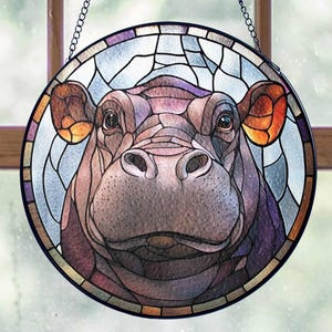 Moo Deng Stained Glass Suncatcher, Trendy Hippo Glass Window Hanging, Lover Pygmy Hippo Gift, Moo Deng Hippo Lover Gift, Moo Deng Memes