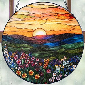 Wildflowers Stained Glass Suncatcher, Sunset Stained Glass Style Window Hangings, Flowers Suncatcher Gift, Flower Garden Window Decor