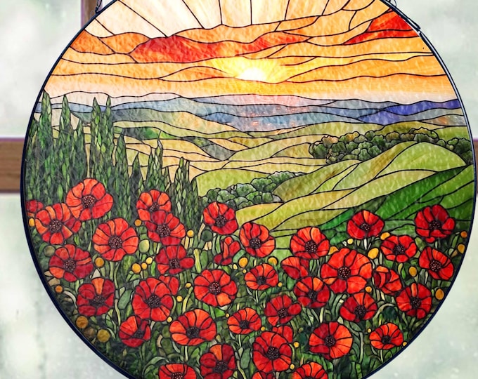 Poppy Field Flowers Glass Suncatcher, Poppy Flower Red Window Hanging, Sunset Floral Garden Decor, Poppy Flower Lover Gifts, Memory Day Gift