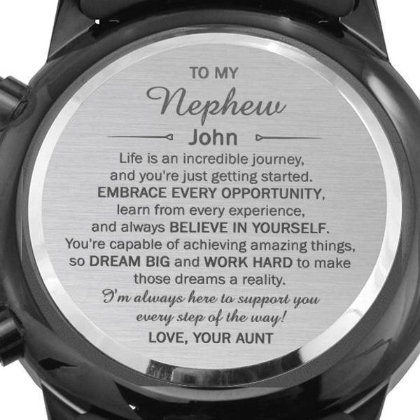 Personalized Watch for Nephew, Nephew Graduation Present, Nephew Birthday Gift from Aunt, Nephew Christmas Gift, Nephew Engraved Watch