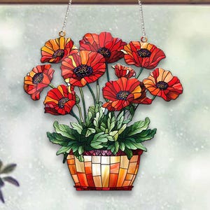 Red Poppies Flower Acrylic Suncatcher Window Hanging, Celestial Flowers Pot, Poppy Flower Acrylic Suncatcher, Poppy Flower Mother&#39;s Day Gift