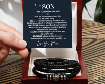 Regalo de boda para hijo de mamá, regalo de pulsera de cuero para hijo el día de la boda, regalos de boda para hijo de mamá, pulsera de mamá a novio