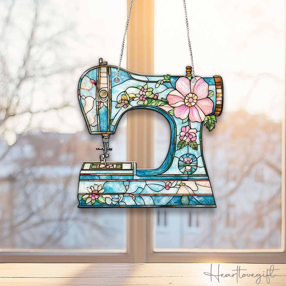 Sewing Machine Suncatcher Ornament, Wild Flower Sewing Machine Window Decor/Perfect Gift for Sewing Lover, Tailor Shop Decor Sewing Ornament