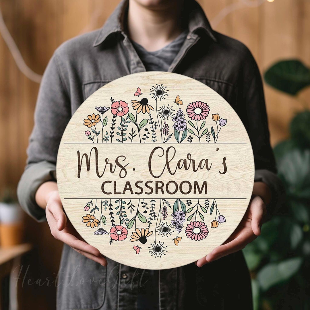 Personalized Floral Teacher Door Hanger, Teacher Custom Name Sign ...