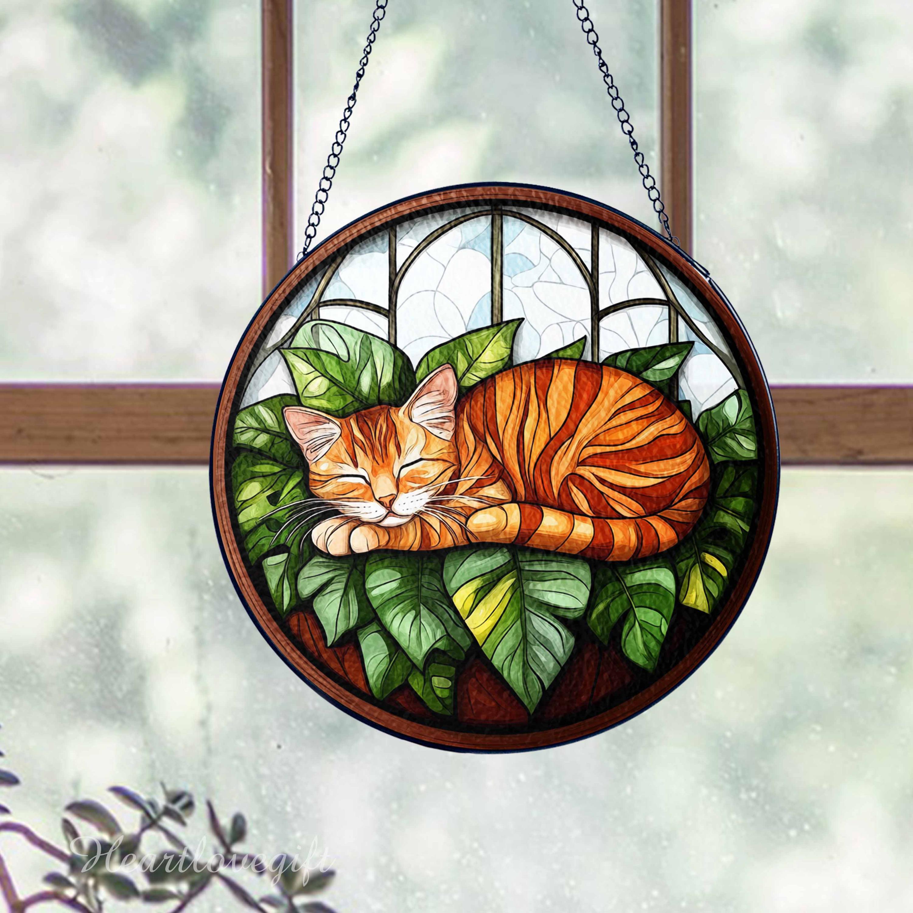 Orange Cat in Monstera Stained Glass Suncatcher, Plant Lover Gift ...