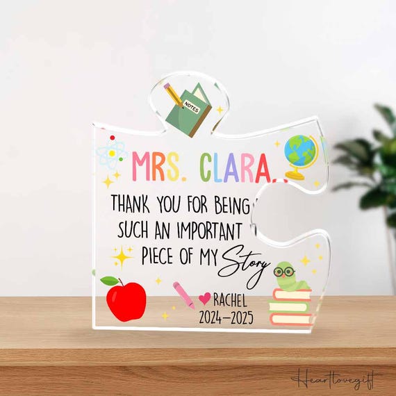 Personalized Teacher Plaque, Teacher Appreciation Gift Puzzle Piece, Thank You Gifts for Teacher, End of Year Keepsake, Back To School Gift