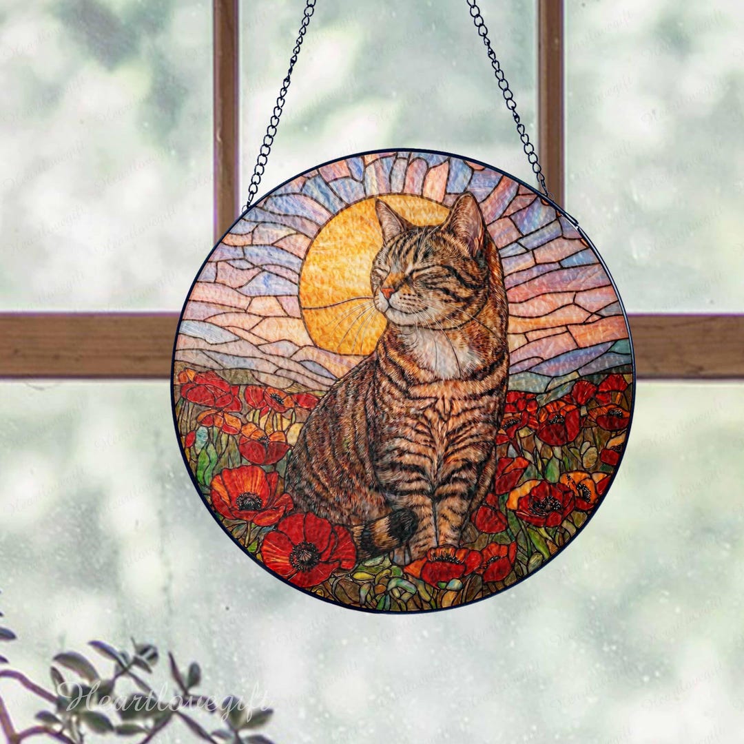 Tabby Cat Glass Suncatcher, Mothers Day Gift for Mom Cat, Poppies ...