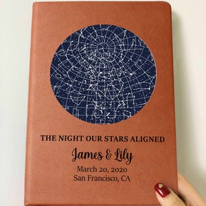 Personalized Star Map By Date Journal, Constellation Map on Leather Notebook, Anniversary Gift for Couple, Custom Night Sky Journal
