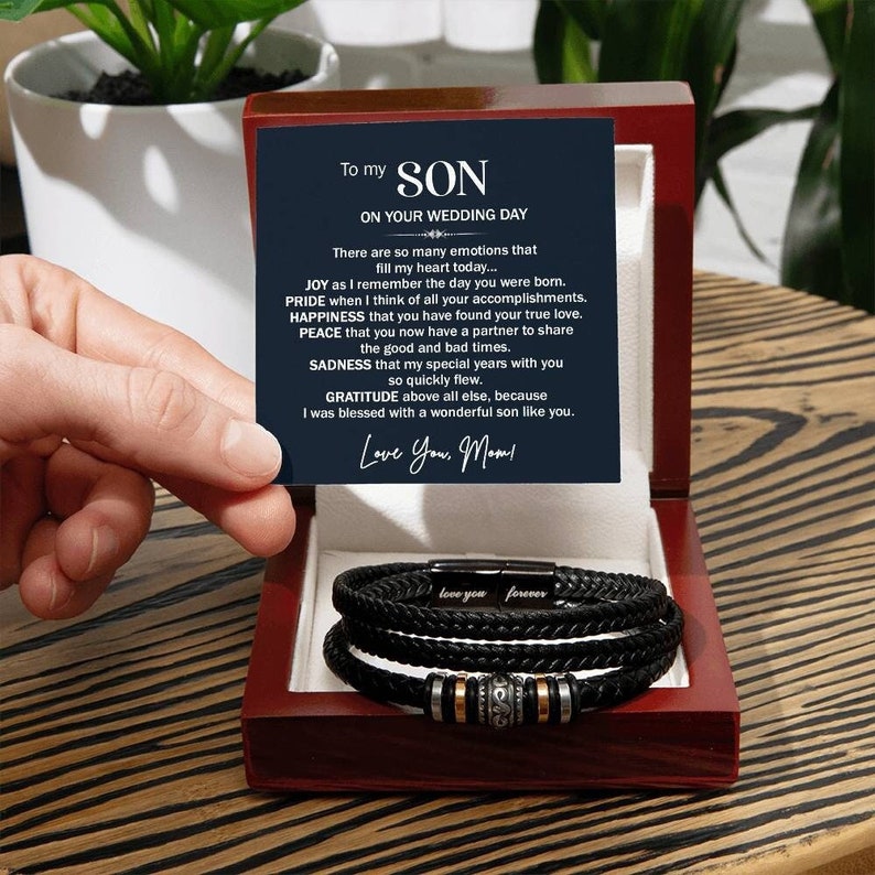 Son Getting Married Gift from Mom, Leather Bracelet Gift To Son On Wedding Day, Wedding Gifts for Son from Mom, Mom To Groom Bracelet image 1
