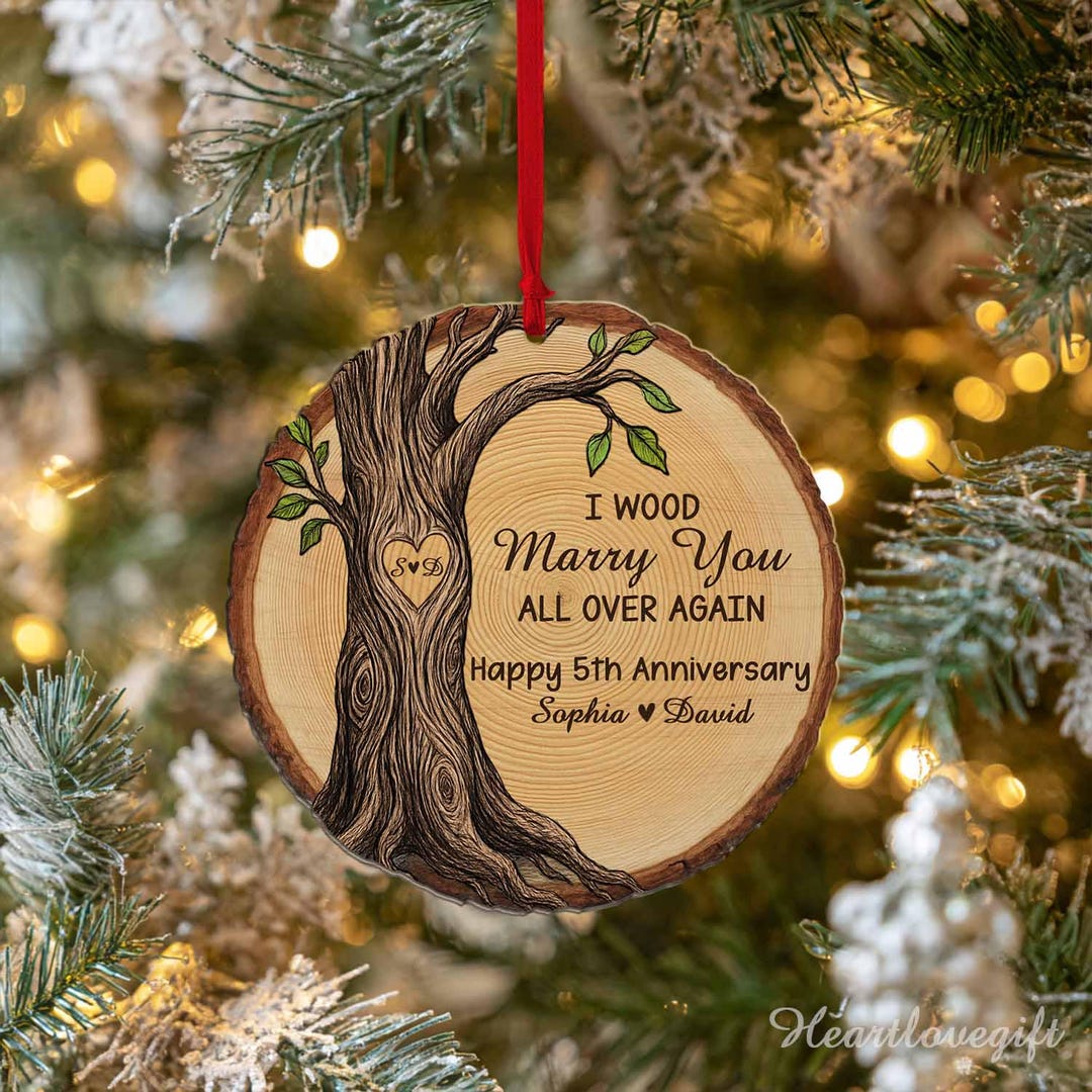 Personalized Wood Anniversary Wedding Ornament, 5th Anniversary Wood ...