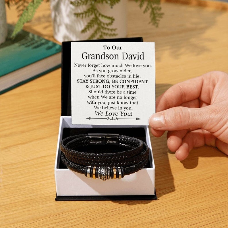 To My/Our Grandson Leather Bracelet, Grandson Bracelet Gift from Grandma, Grandparents To Grandson Gifts, Grandson Graduation Gift Ideas image 1