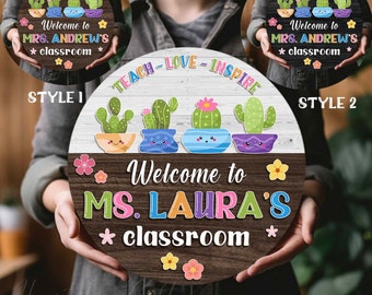 Custom Classroom Wooden Sign, Cute Cactus Teacher Door Sign, Back to School Teacher Gifts, Classroom Door Hanger, New Teacher Present